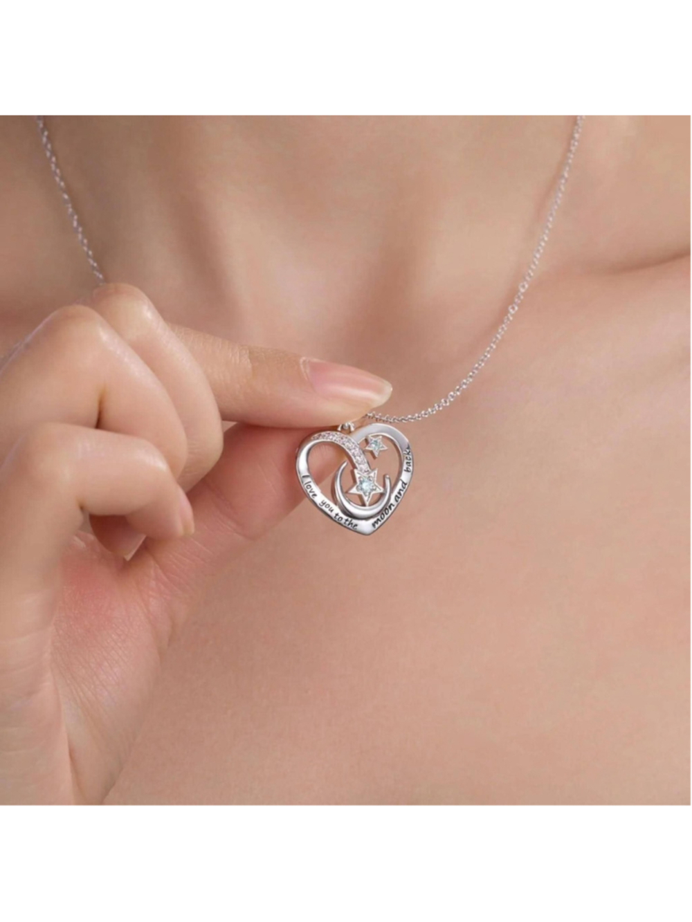 “I Love You To the Moon and Back” Heart Moon Star Necklace One Size Silver Blue